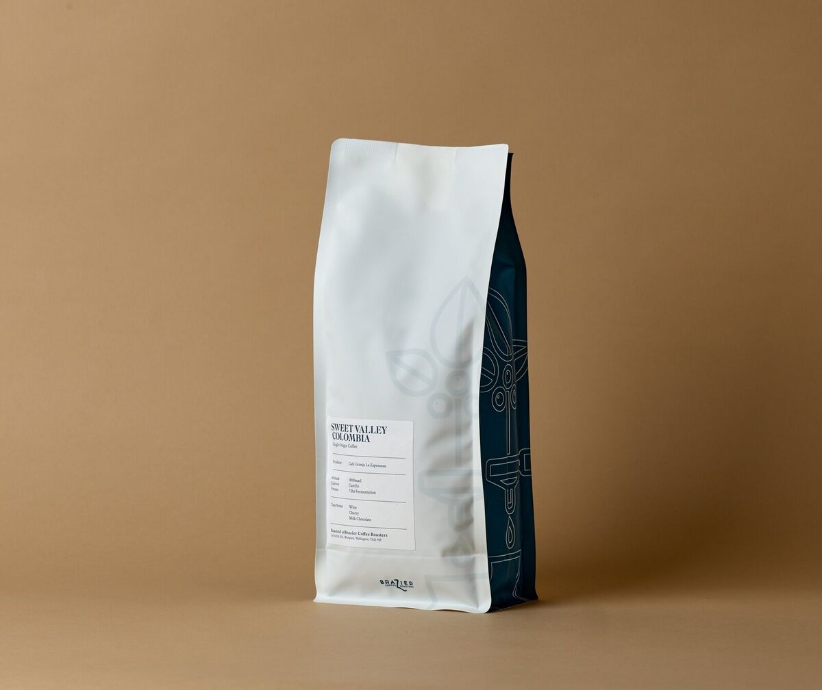 Sweet Valley Colombia 1kg coffee bag, angled view